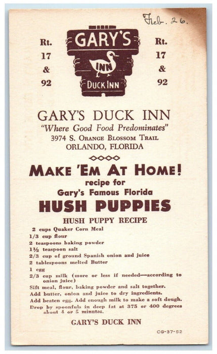 Gary's Duck Inn Restaurant Hush Puppies Recipe Orlando Florida FL Postcard