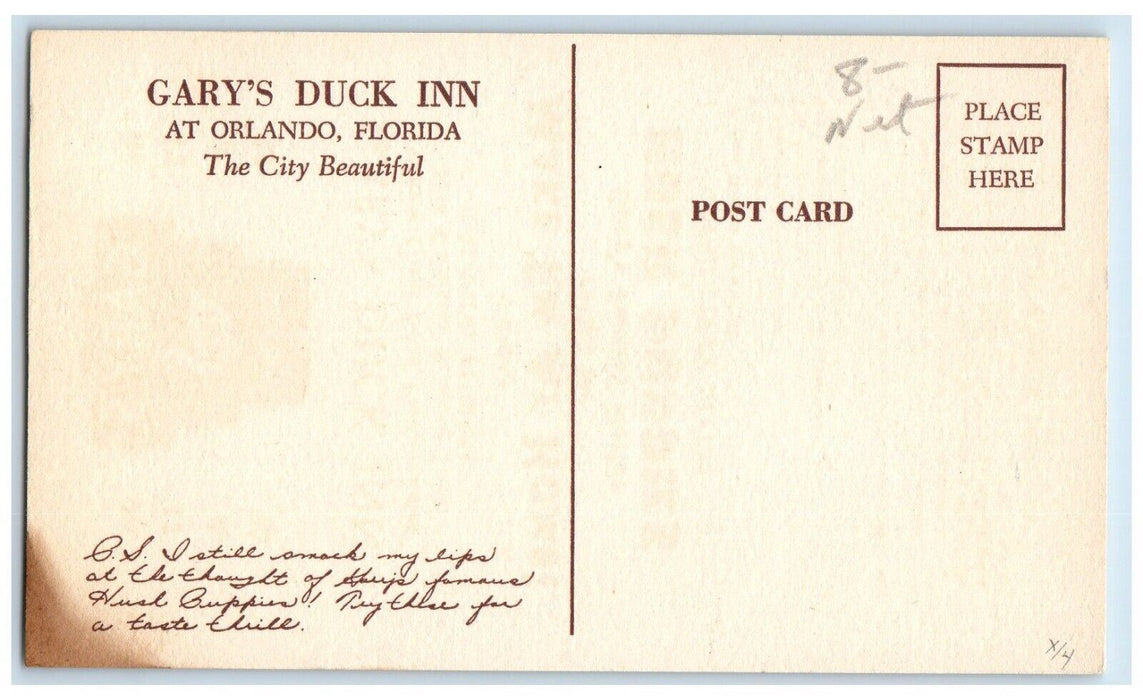 Gary's Duck Inn Restaurant Hush Puppies Recipe Orlando Florida FL Postcard