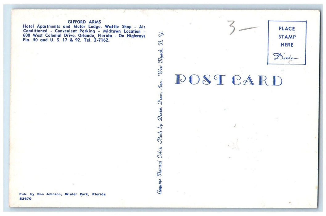 Gifford Arms Hotel Apartments Motor Lodge Night View Orlando Florida FL Postcard