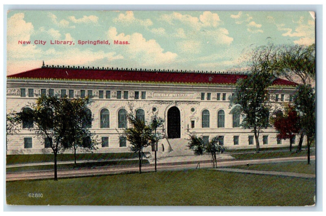 c1910's New City Library Building Springfield Massachusetts MA Antique Postcard