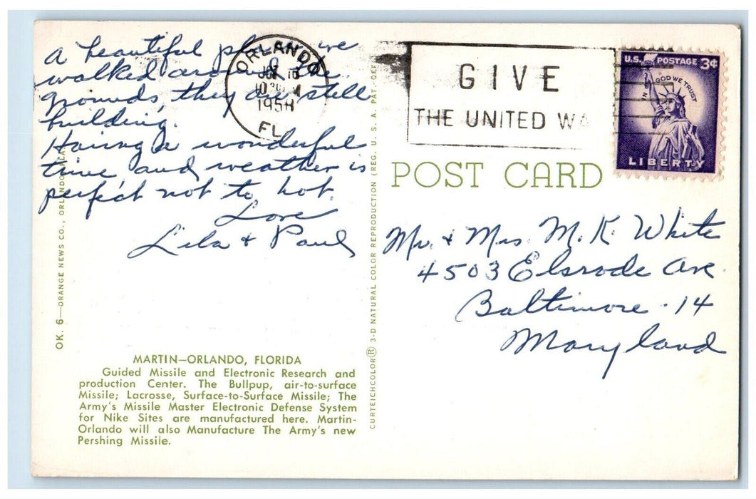 Martin Missile Electronic Research Production Center Orlando Florida FL Postcard
