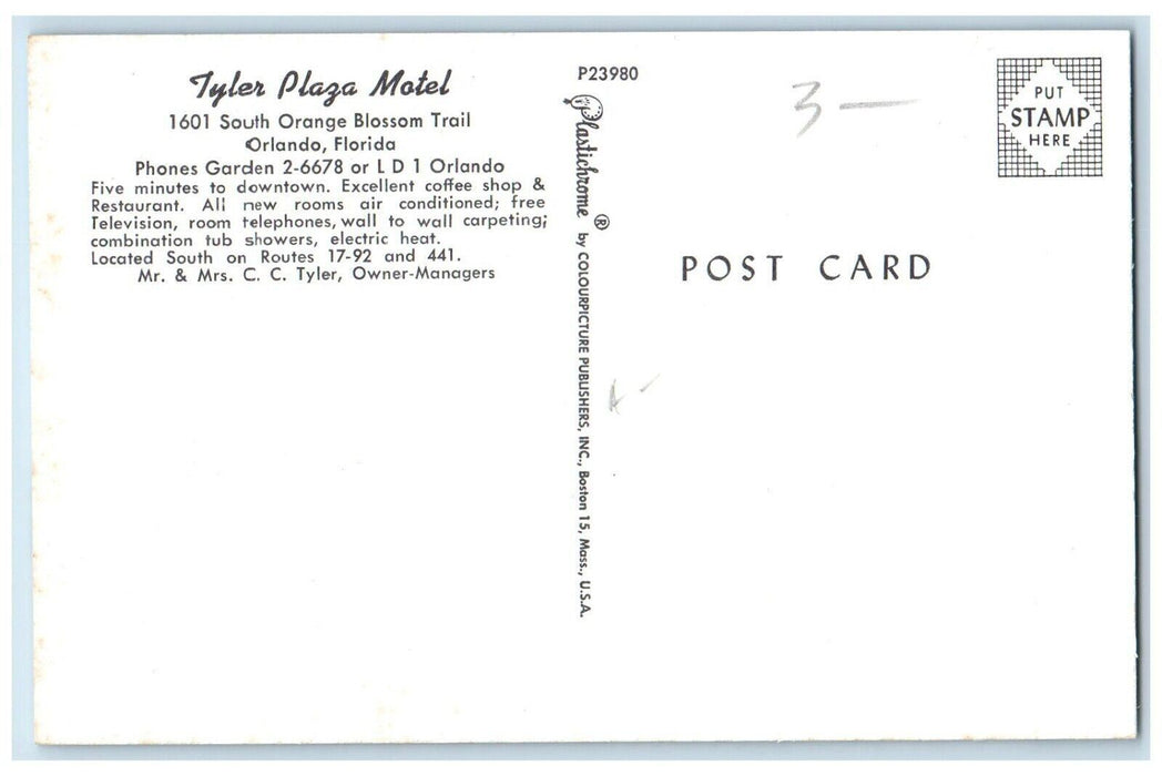 c1960's Tyler Plaza Motel Coffee Shop & Restaurant Orlando Florida FL Postcard