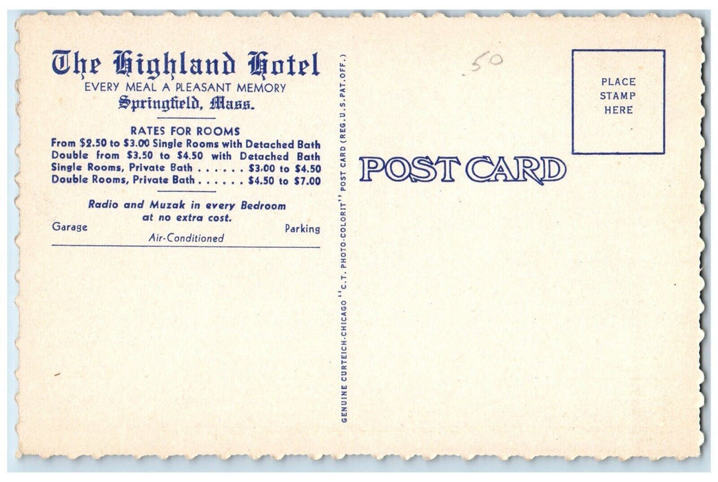 The Highland Hotel Building Springfield Massachusetts MA Advertising Postcard