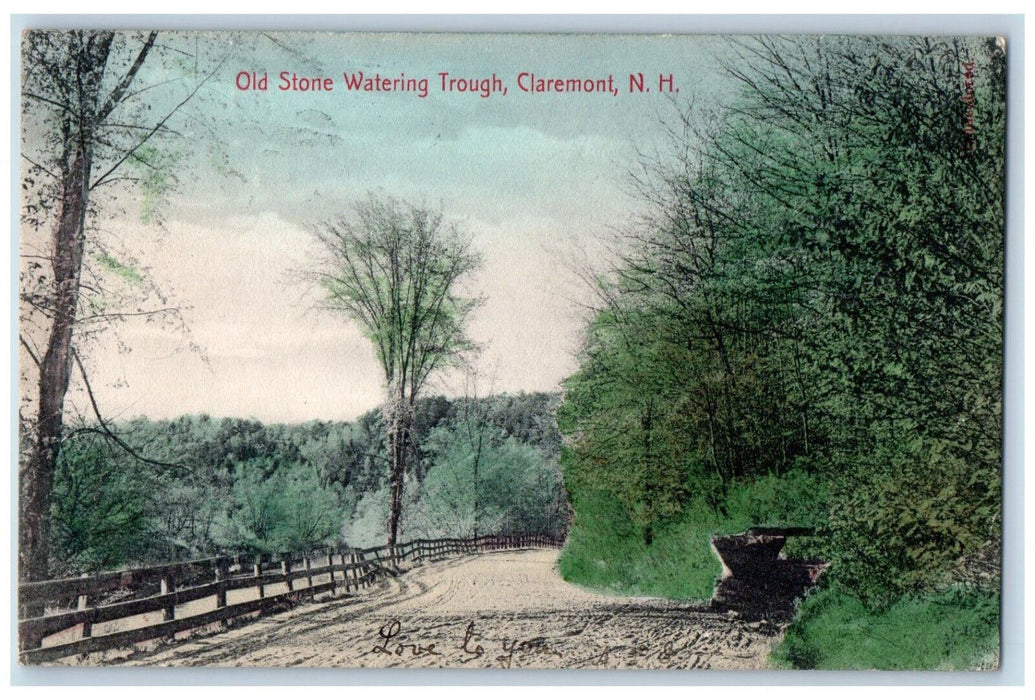 1905 Old Stone Watering Trough Claremont New Hampshire NH Antique Postcard