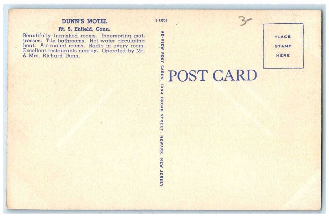 Dunn's Motel Rt. 5 Enfield Conn. Springfield Massachusetts MA Vintage Postcard