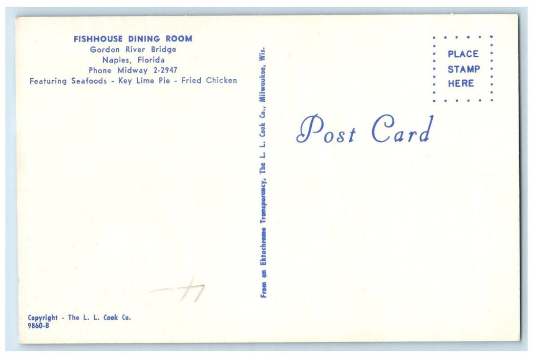 c1960's Fishhouse Dining Room Restaurant Naples Florida FL Dual View Postcard