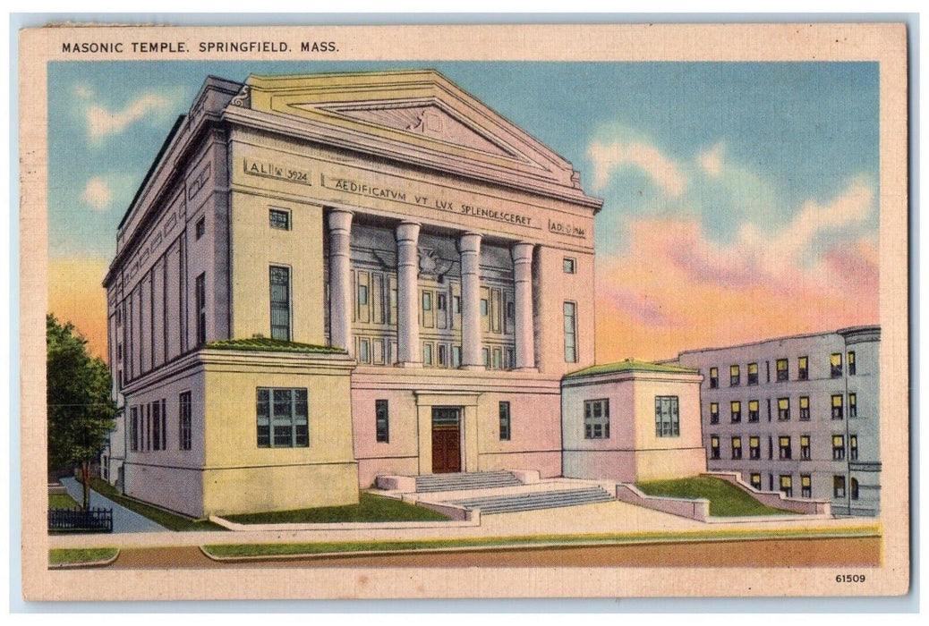 1937 Masonic Temple Building Springfield Massachusetts MA Vintage Postcard