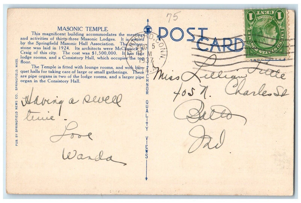 1937 Masonic Temple Building Springfield Massachusetts MA Vintage Postcard