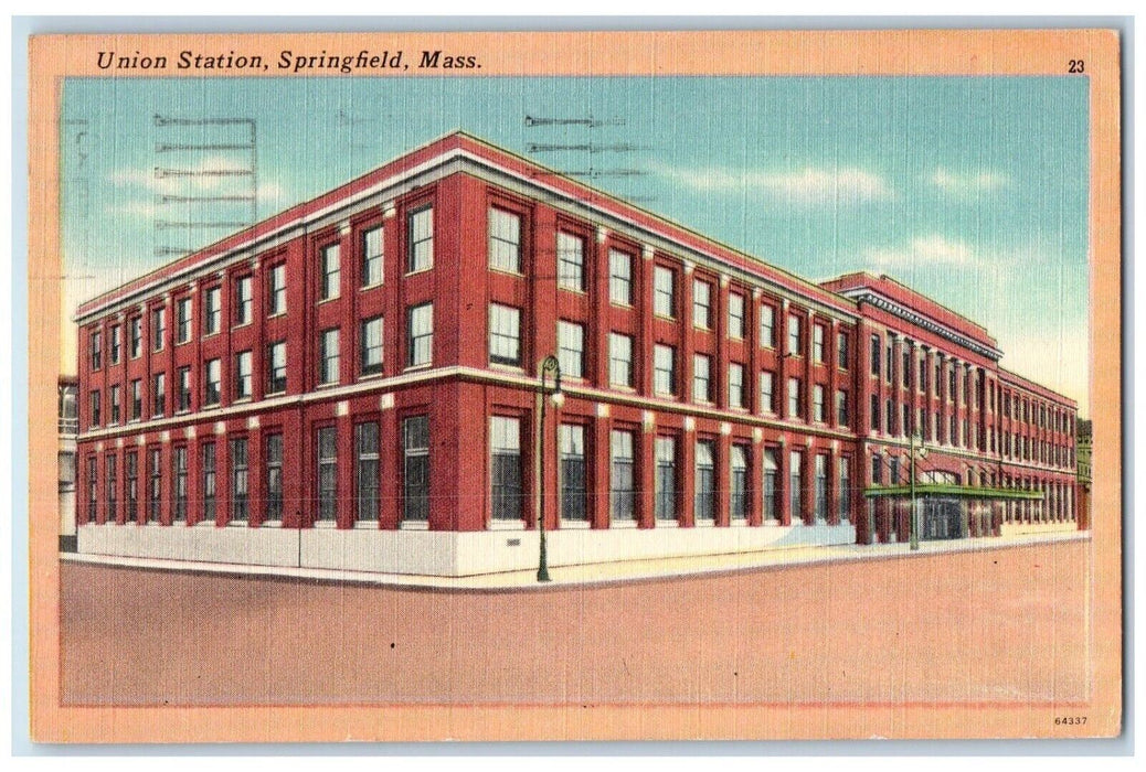 1953 Union Station Building Street View Springfield Massachusetts MA Postcard