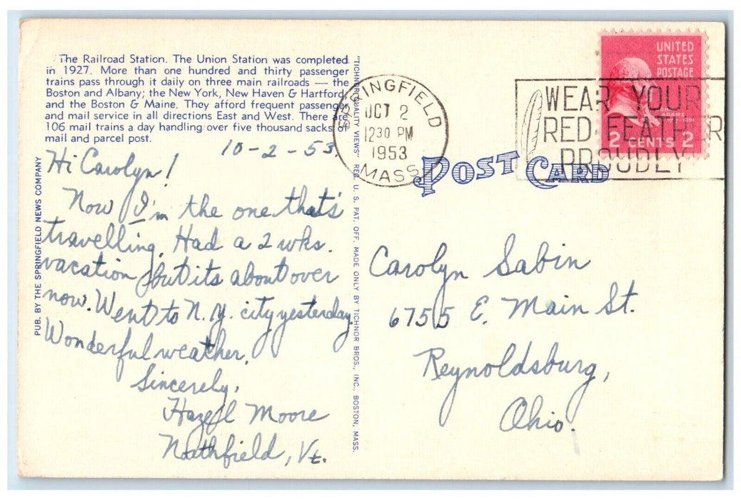 1953 Union Station Building Street View Springfield Massachusetts MA Postcard