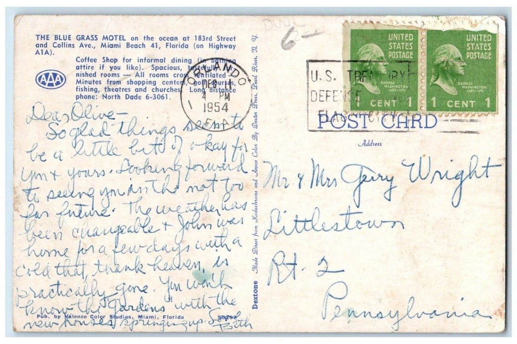 1954 The Blue Grass Motel Hotel Rooms APTS Miami Orlando Florida FL Postcard