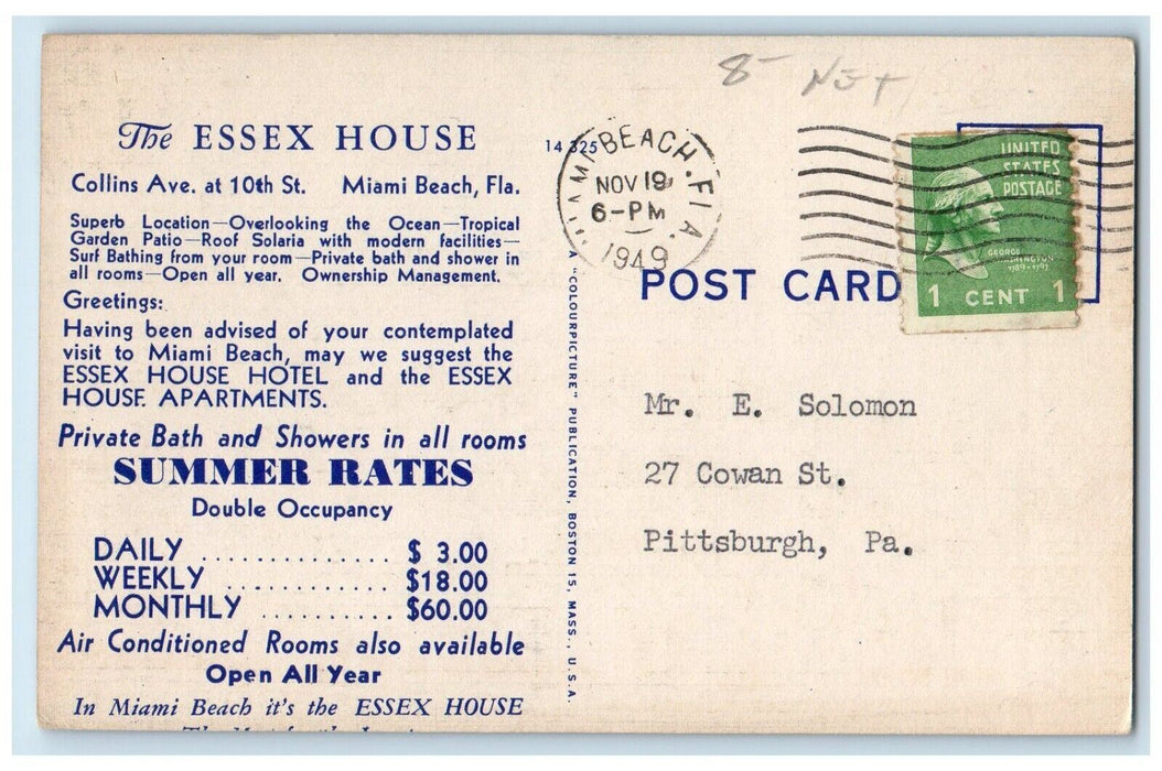 1949 The Essex House Hotel Apartments Miami Florida FL Advertising Postcard