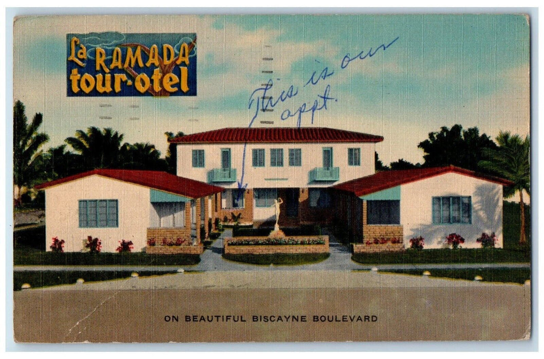 1952 La Ramada Tour-otel  Motel Biscayne Boulevard Miami Florida FL Postcard