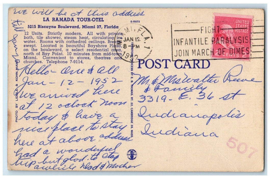 1952 La Ramada Tour-otel  Motel Biscayne Boulevard Miami Florida FL Postcard