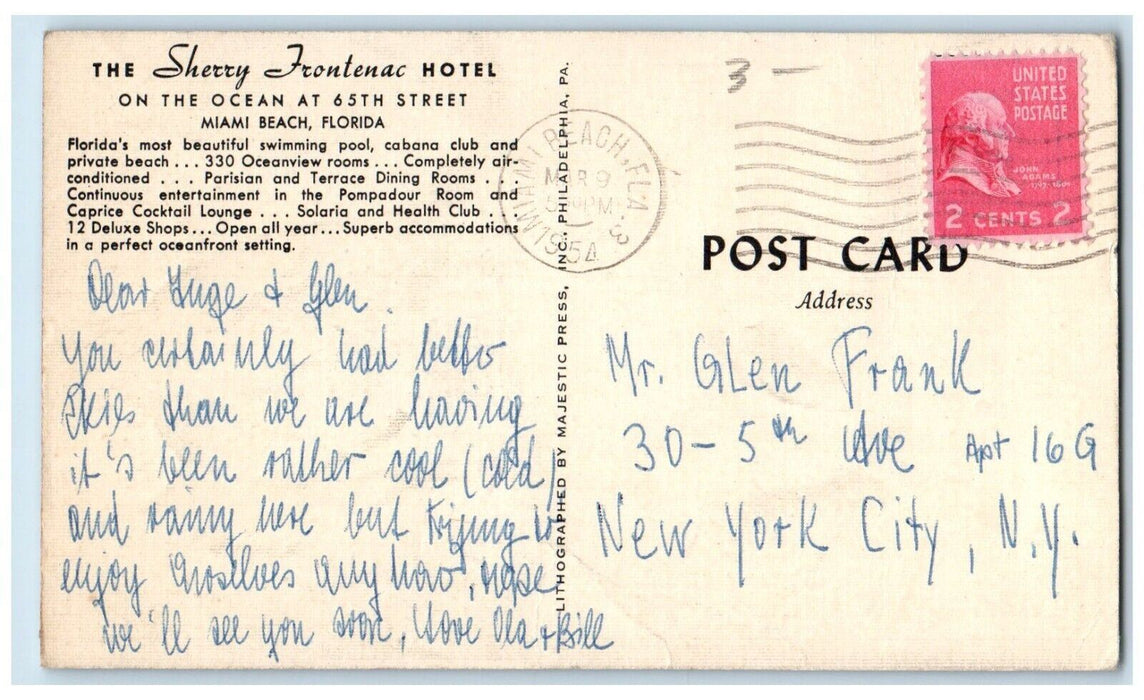 1954 The Sherry Frontenac Hotel Swimming Pool Miami Beach Florida FL Postcard