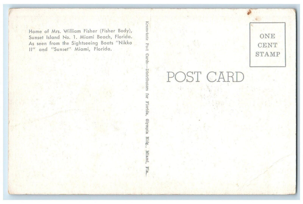 c1930's Home Of Mrs. William Fisher Sunset Island Miami Florida FL Postcard