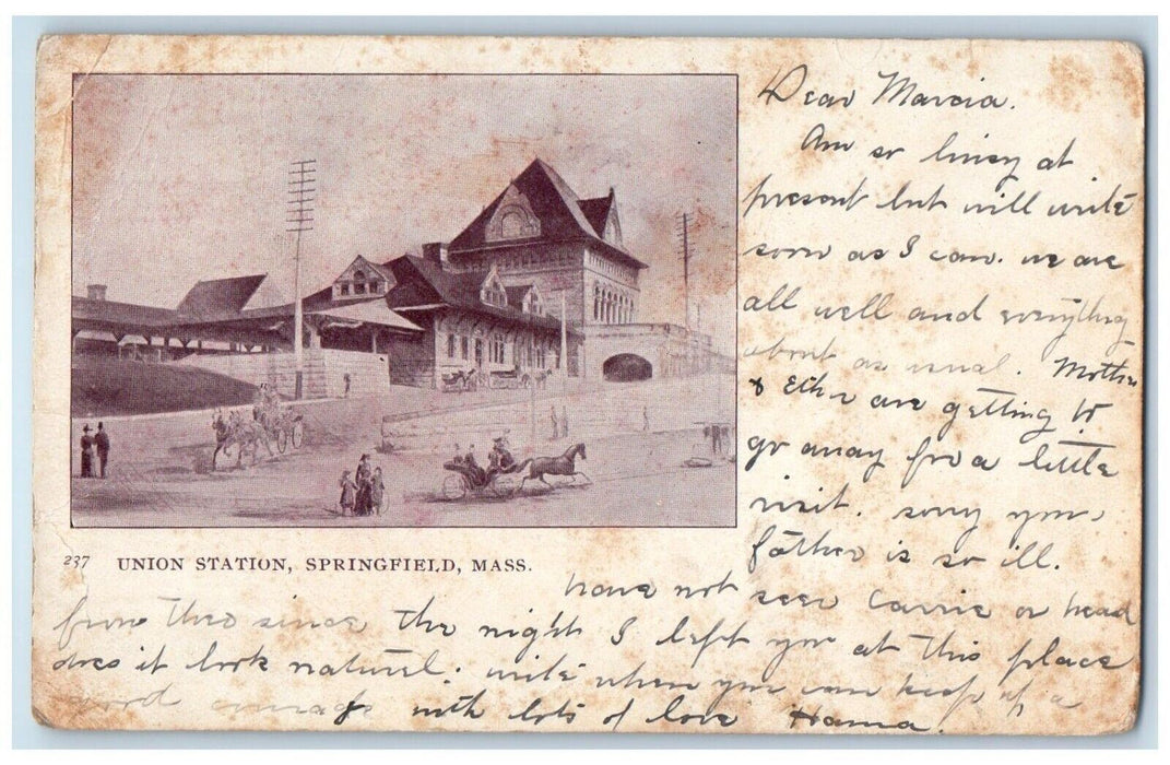 1904 Union Station Horse And Carriage Springfield Massachusetts MA Postcard
