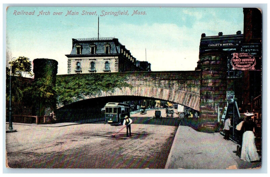 Railroad Arch Over Main Street Cooley's Hotel Trolly Springfield MA Postcard
