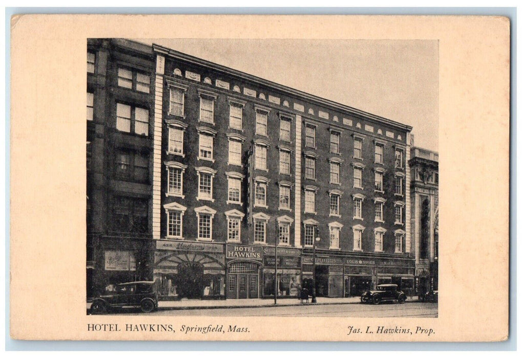 c1910's Hotel Hawkins Building Cars Springfield Massachusetts MA Postcard