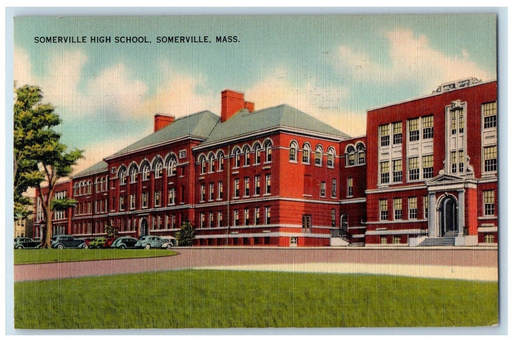 1945 Somerville High School Building Cars Somerville Massachusetts MA Postcard