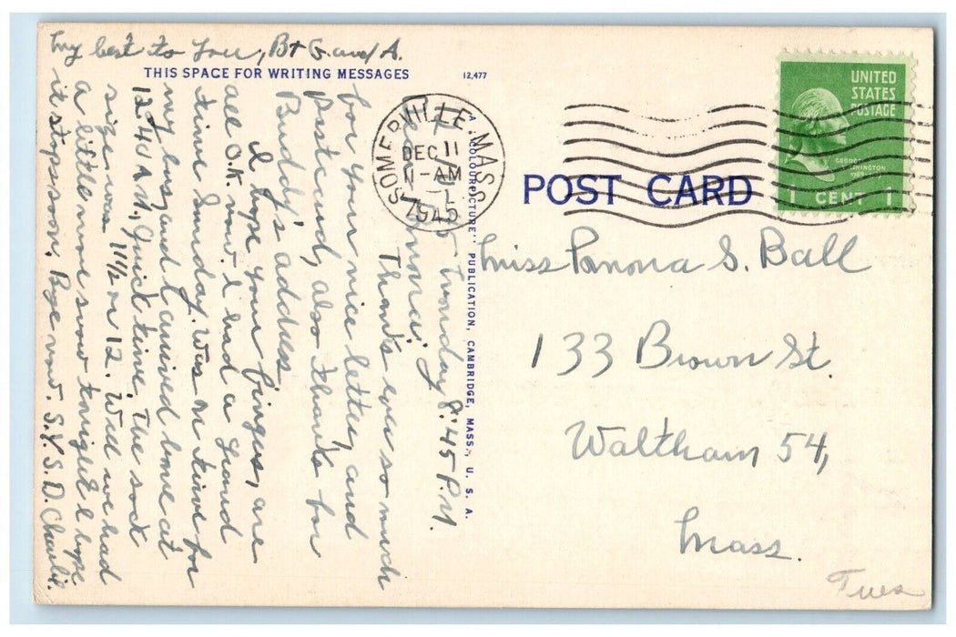 1945 Somerville High School Building Cars Somerville Massachusetts MA Postcard