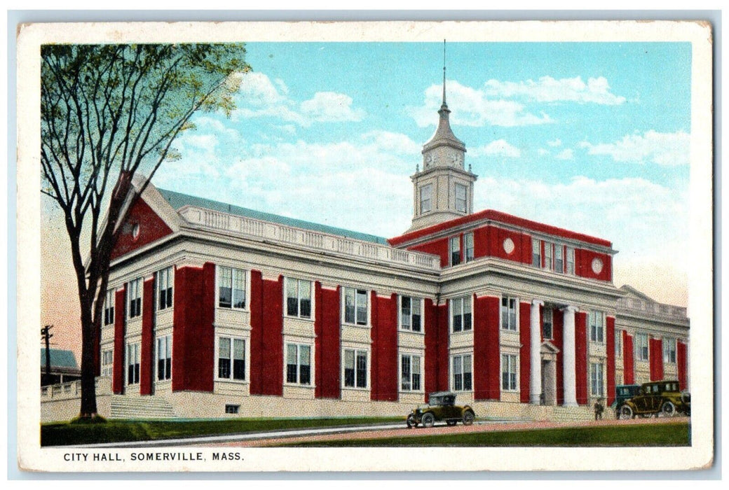 1928 City Hall Building Street View Cars Somerville Massachusetts MA Postcard