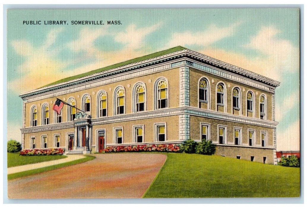 1945 Public Library Building Driveway Somerville Massachusetts MA Postcard