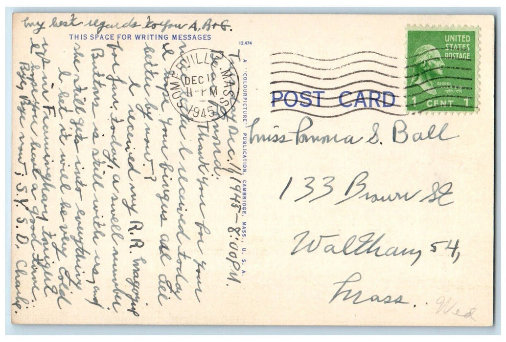 1945 Public Library Building Driveway Somerville Massachusetts MA Postcard