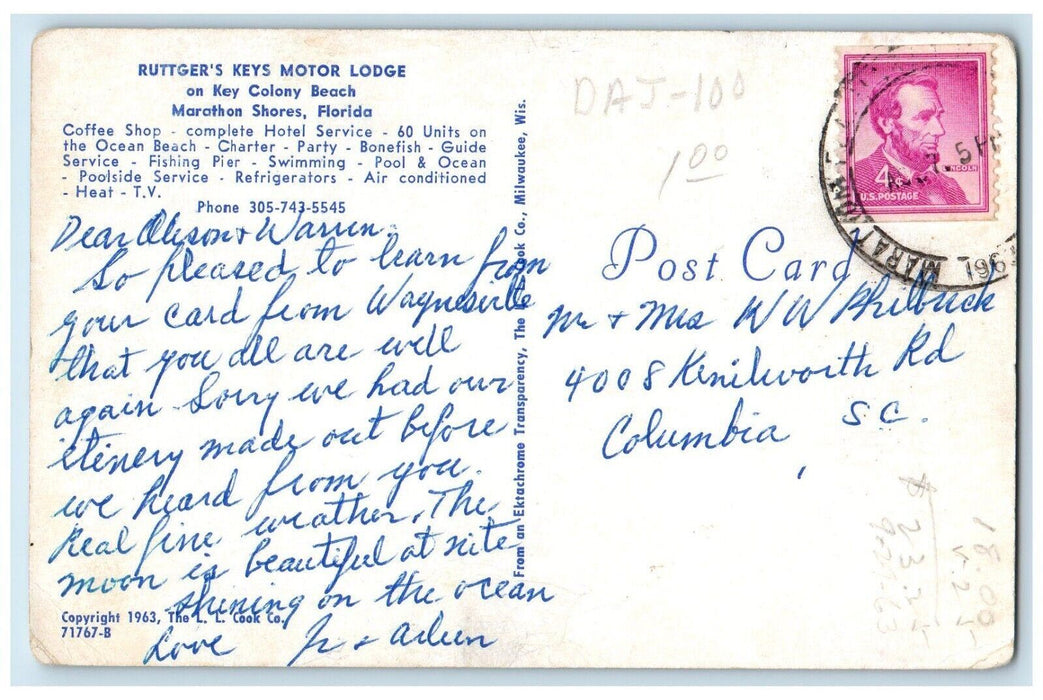 Ruttger's Key Motor Lodge Hotel Coffee Shop Marathon Shores Florida FL Postcard