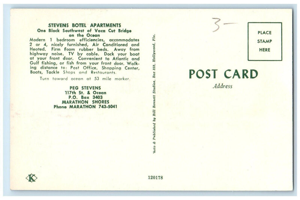 Stevens Botel Apartments Seaside Boats Marathon Shores Florida FL Postcard