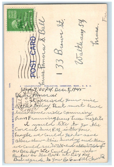 1945 City Hall Building Somerville Massachusetts MA Posted Vintage Postcard