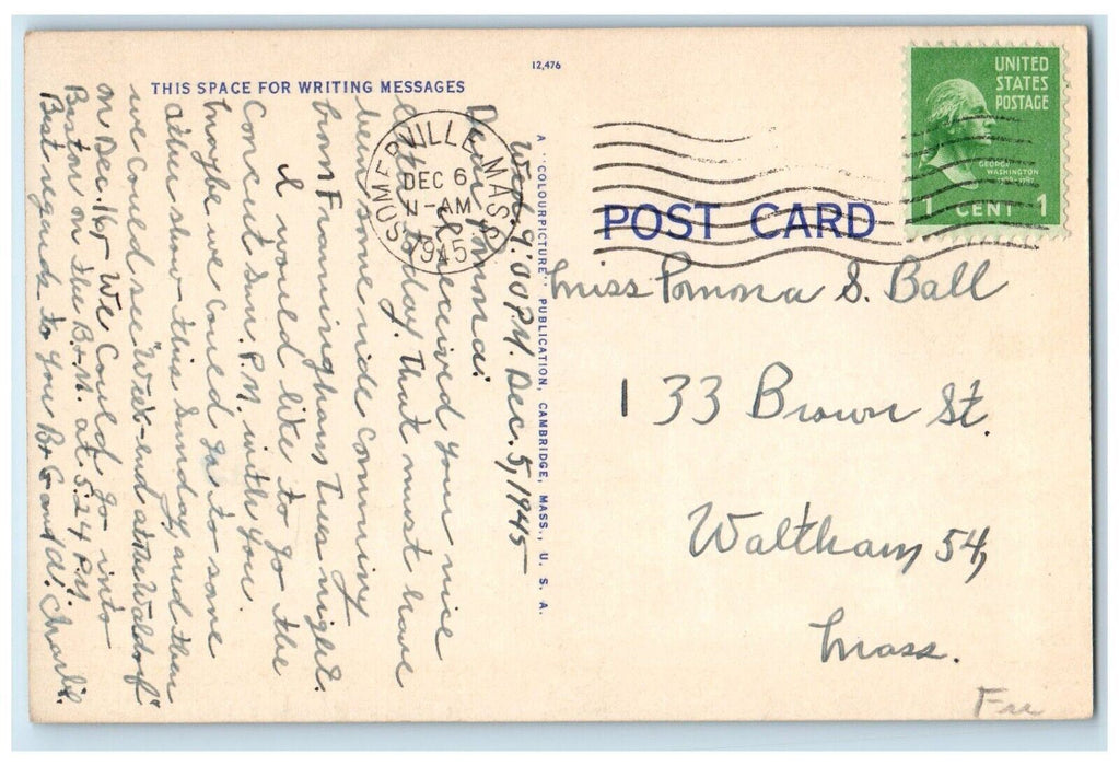 1945 City Hall Building Somerville Massachusetts MA Posted Vintage Postcard