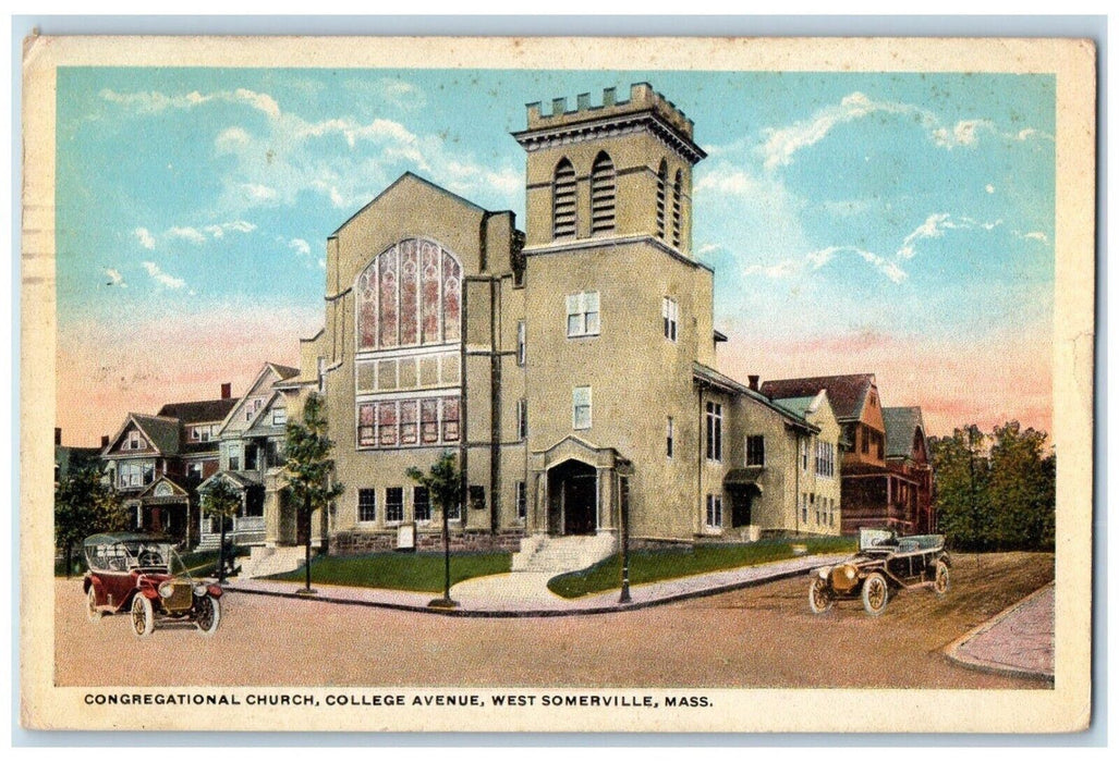 1921 Congregational Church College Avenue Cars West Somerville MA Postcard