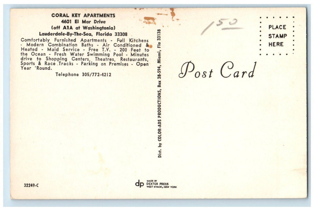 c1960's Coral key Apartment Swimming Pool Lauder-by-the-sea Florida FL Postcard