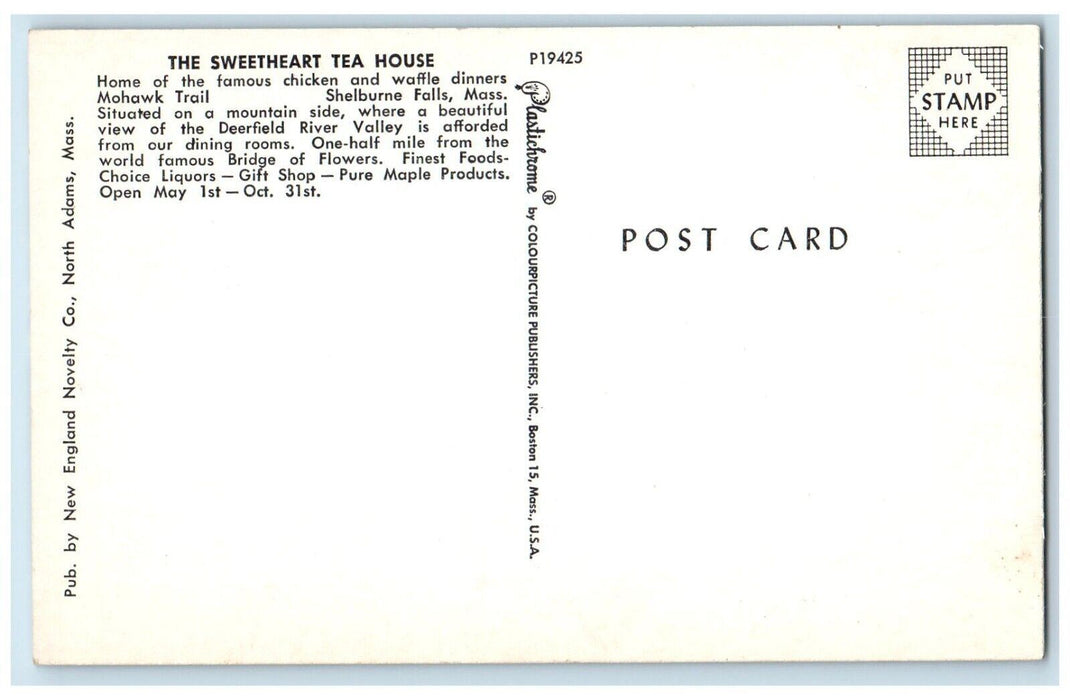 c1950's The Sweetheart Tea House Restaurant Shelburne Falls MA Vintage Postcard