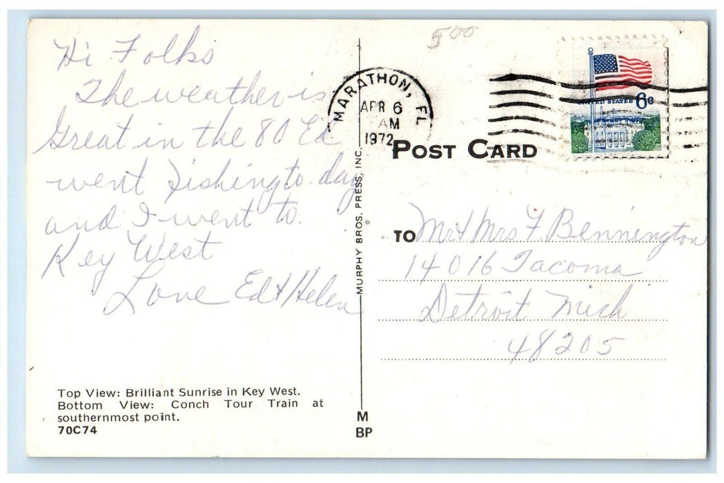1972 Greetings From Key West Marathon Florida FL Dual View Banner Postcard