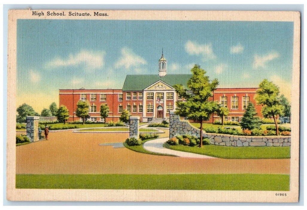 1945 High School Building Entrance View Scituate Massachusetts MA Postcard