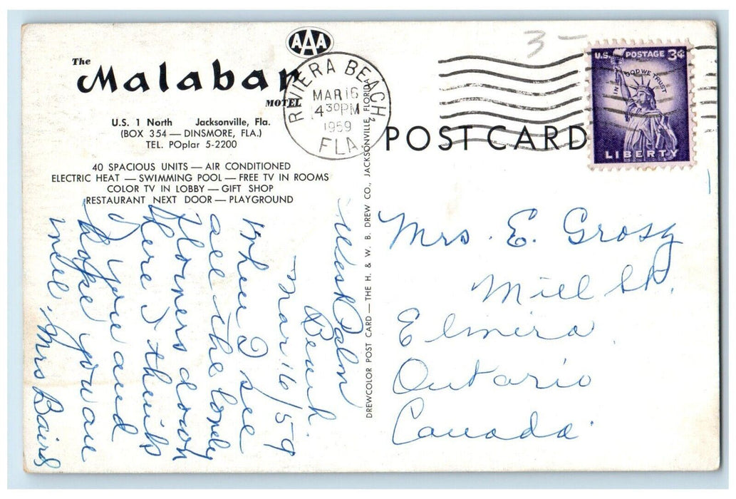 1959 The Malaban Motel Swimming Pool Restaurant Jacksonville Florida FL Postcard