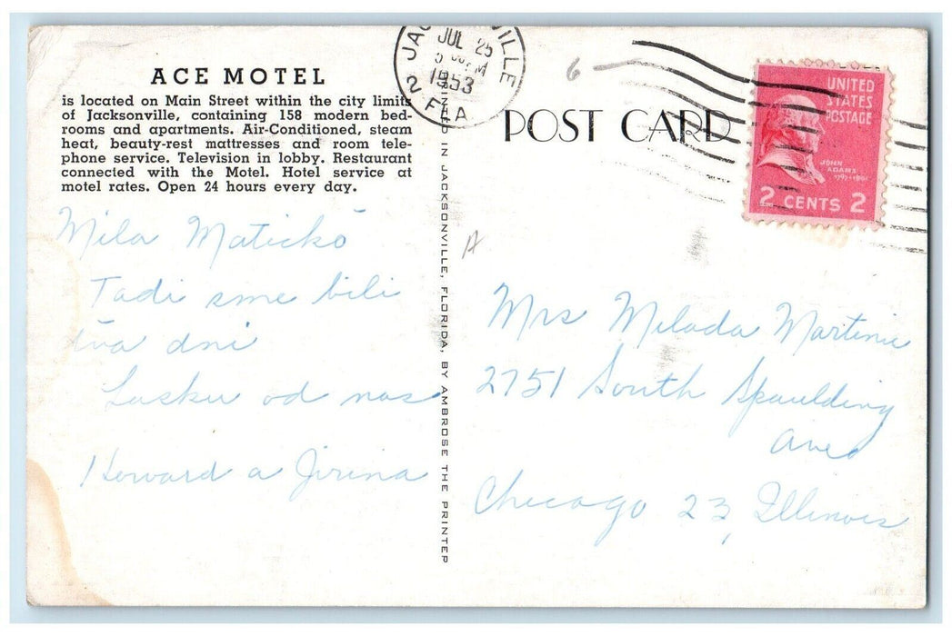 1953 View Of Ace Motel Hotel Service Restaurant Jacksonville Florida FL Postcard