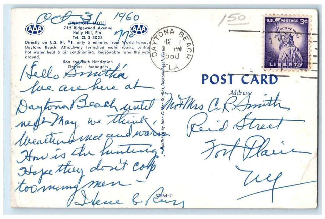 1960 Twi-light Motel Roadside Holly Hill Daytona Beach Florida FL Postcard
