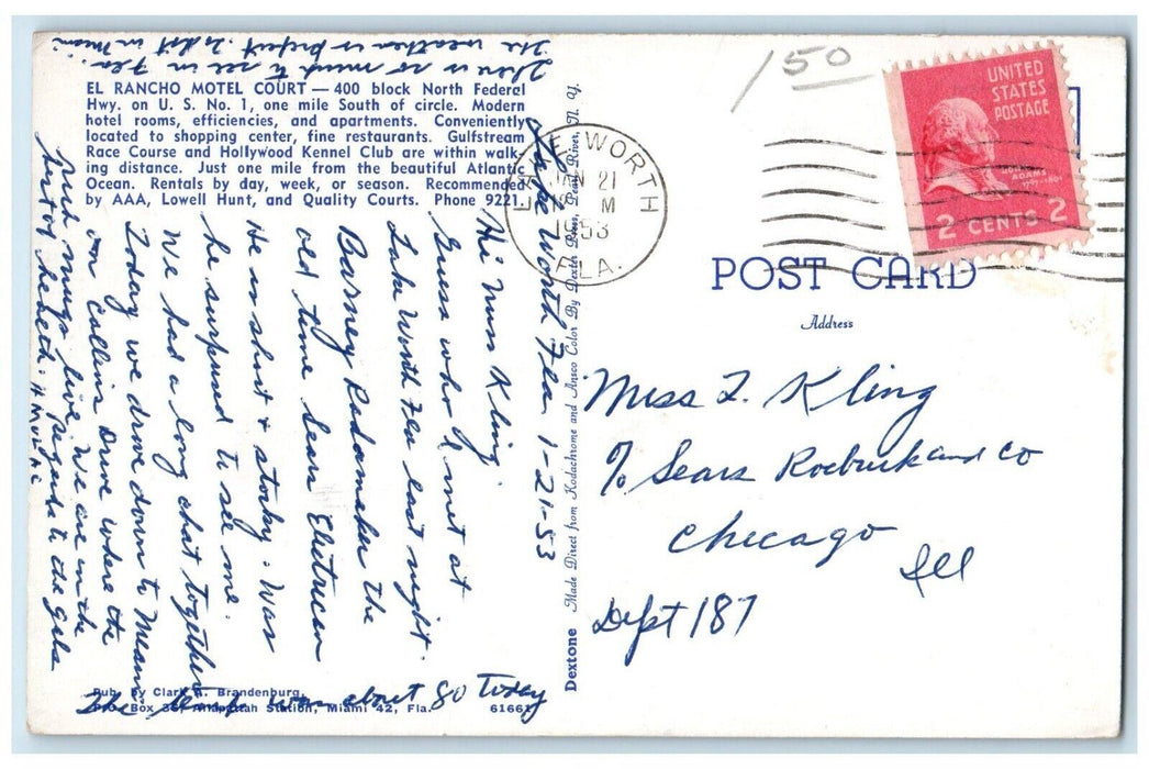 1953 El Racho Motel Court Roadside Palm Tree Lake Worth Florida FL Postcard