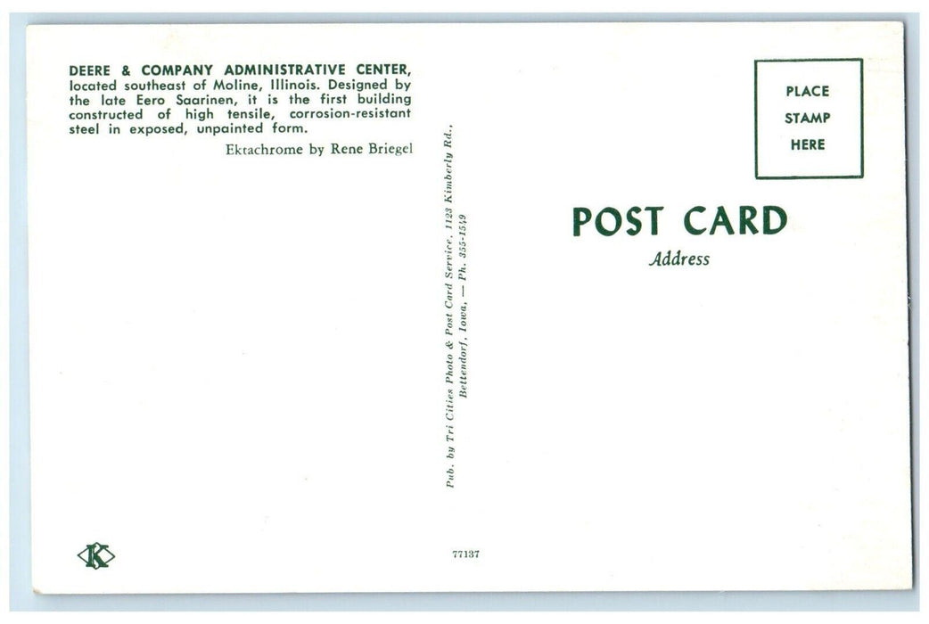 c1960 Deere Company Administrative Center Moline Illinois IL Antique Postcard
