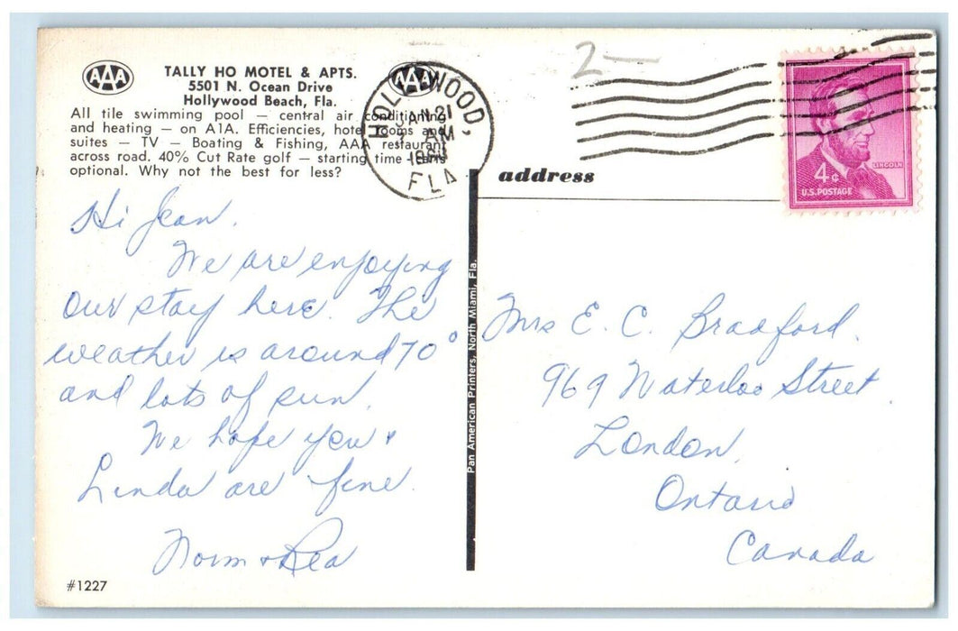 Tally Ho Motel & Apartment Swimming Pool Hollywood Beach Florida FL Postcard