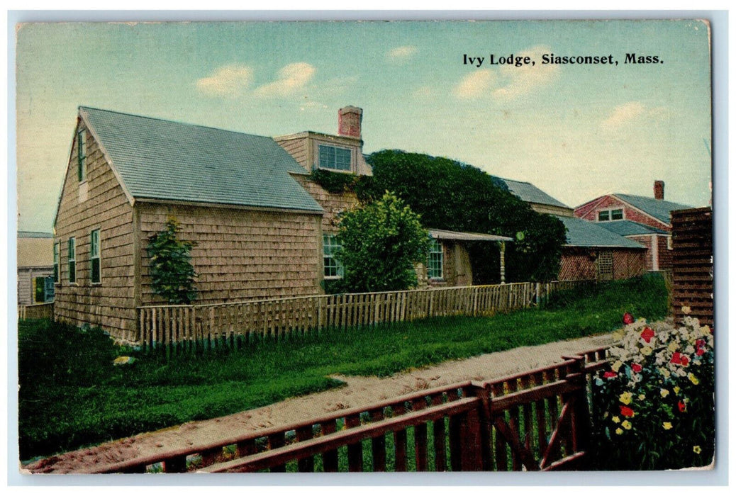1914 Wooden Fence Flowers Ivy Lodge Siasconset Massachusetts MA Antique Postcard