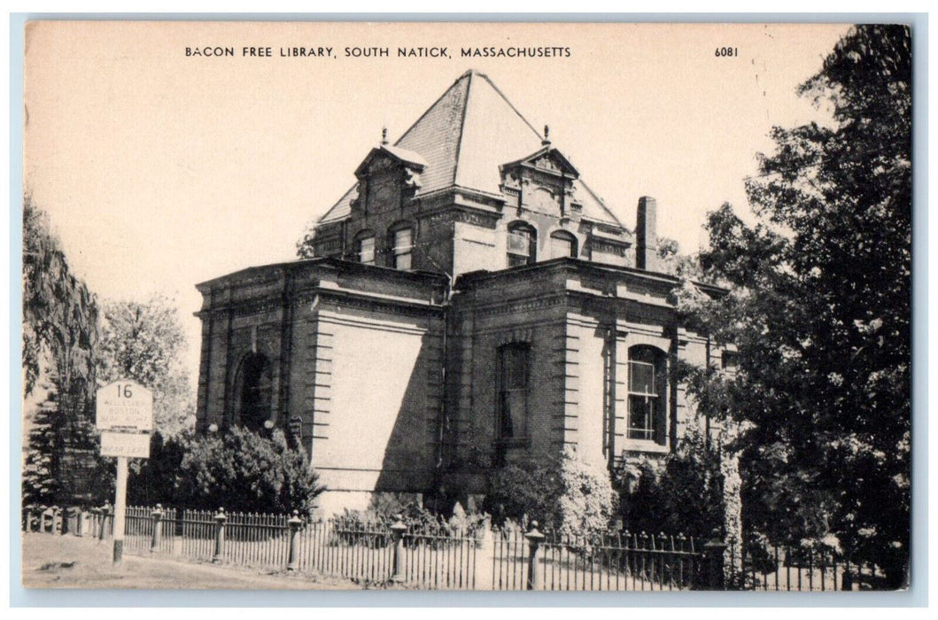c1940's Bacon Free Library South Natick Massachusetts MA Antique Postcard