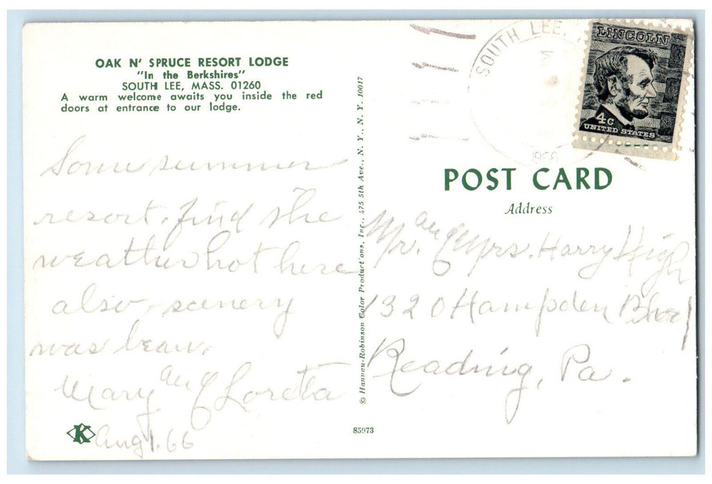 c1950's Oak N' Spruce Resort Lodge South Lee Massachusetts MA Posted Postcard