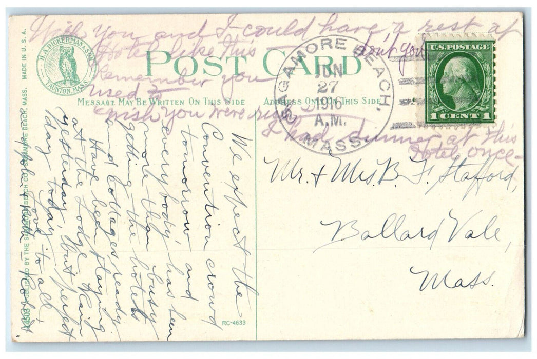 1916 Sagamore Lodge Sagamore Beach Massachusetts MA Posted Antique Postcard