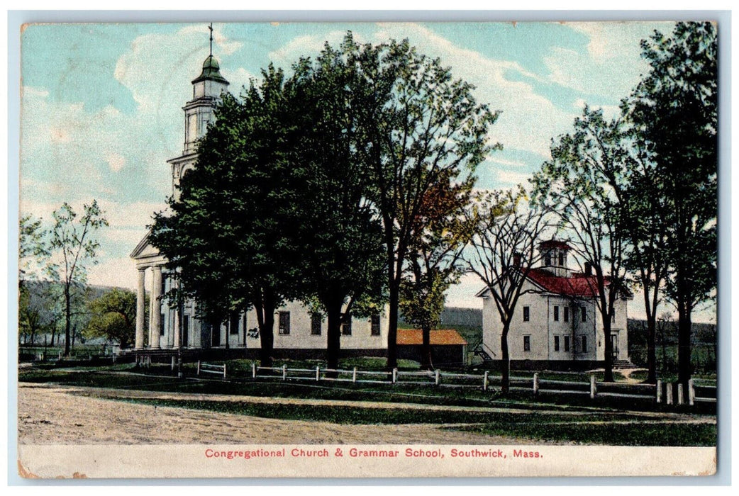 1913 Congregational Church & Grammar School Southwick Massachusetts MA Postcard