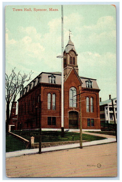 1909 Front View of Town Hall Spencer Massachusetts MA Antique Posted Postcard
