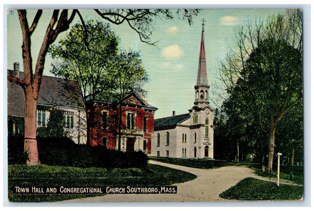 c1910 Town Hall and Congregational Church Southboro Massachusetts MA Postcard